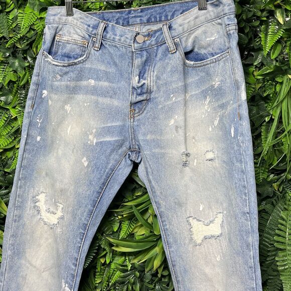 MNML jeans Men 33 Blue Denim Slim Skinny Distressed Ripped Paint Ankle Zip 2530 - Picture 5 of 11